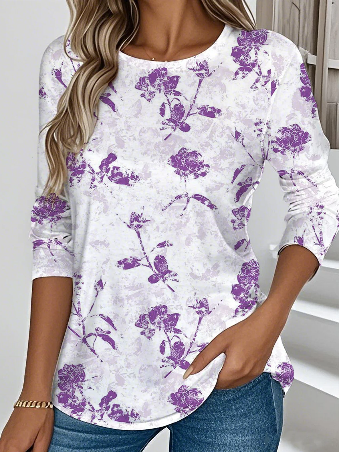Women Floral Crew Neck Casual Long Sleeve T-shirt