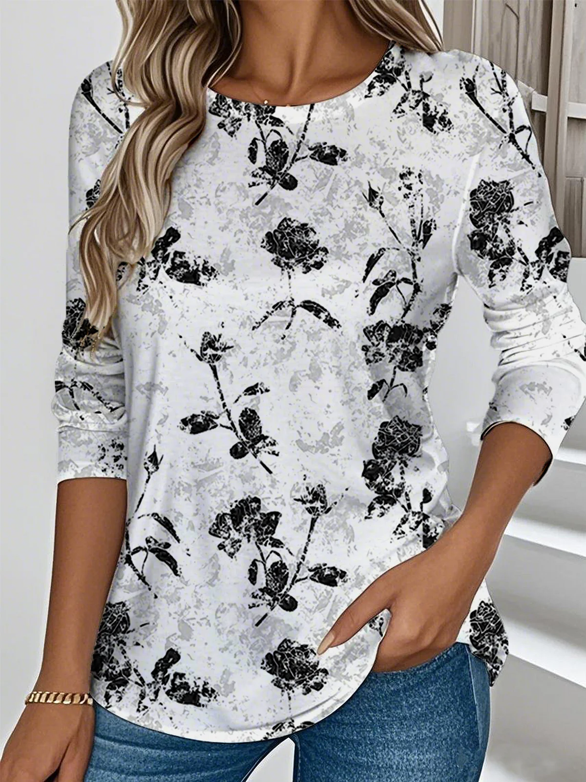 Women Floral Crew Neck Casual Long Sleeve T-shirt