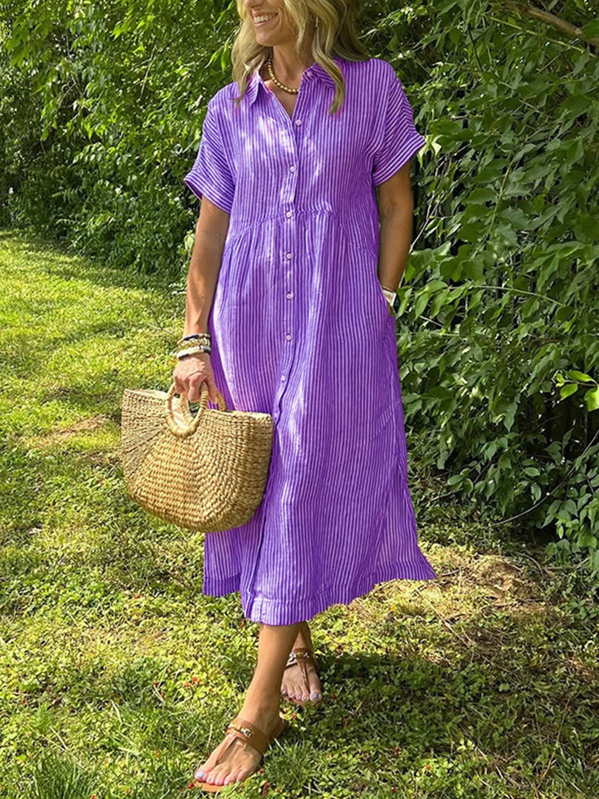Casual Striped Shirt Collar Maxi Dress