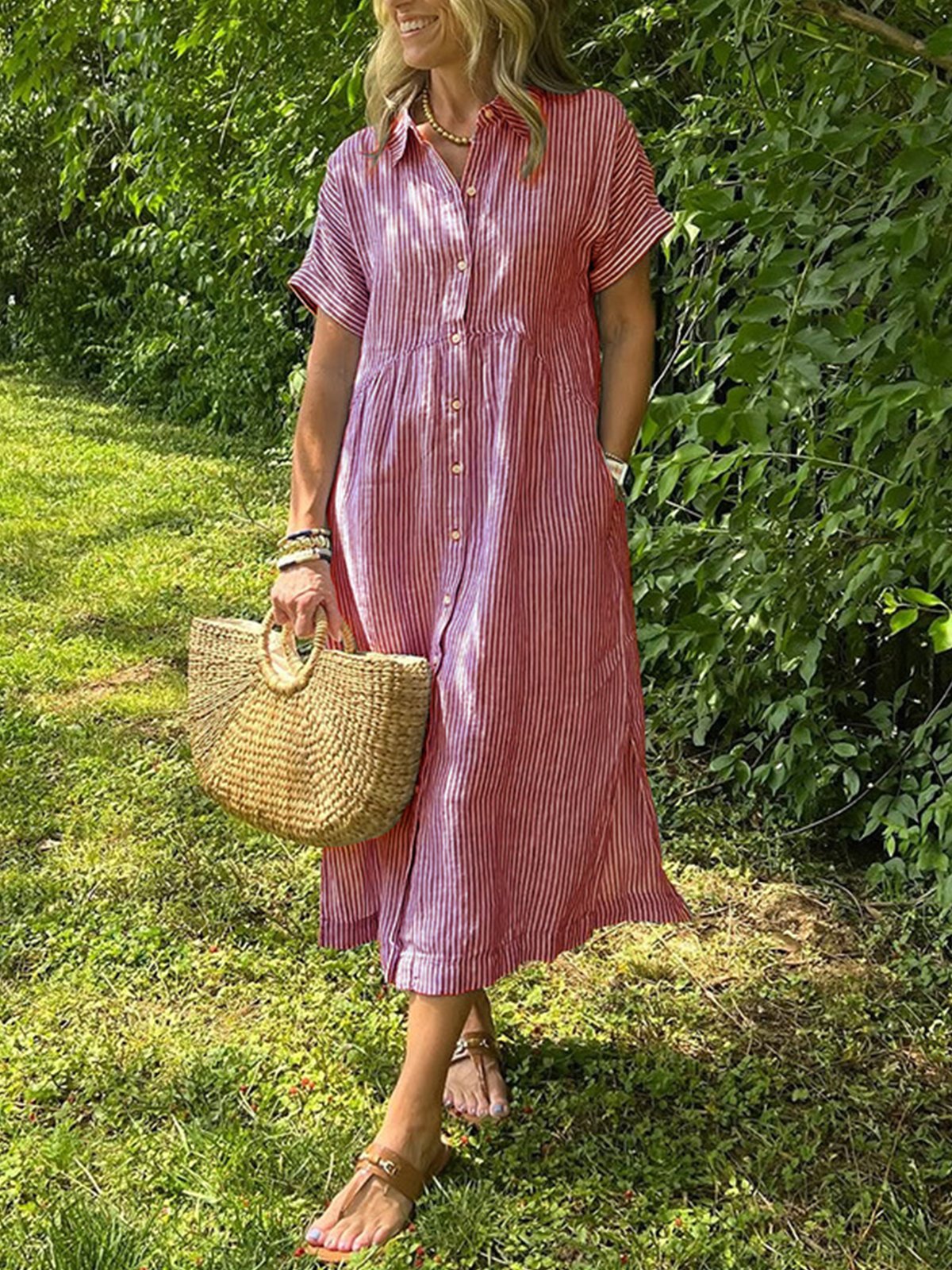 Casual Striped Shirt Collar Maxi Dress