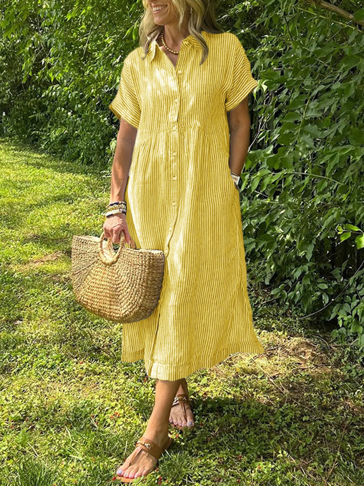 Casual Striped Shirt Collar Maxi Dress