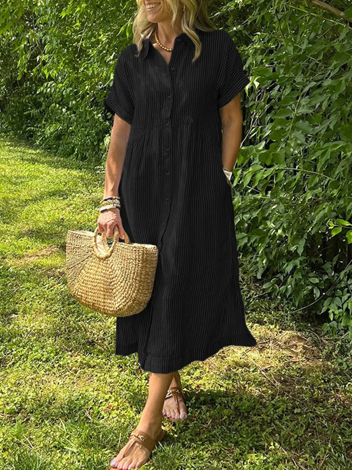 Casual Striped Shirt Collar Maxi Dress