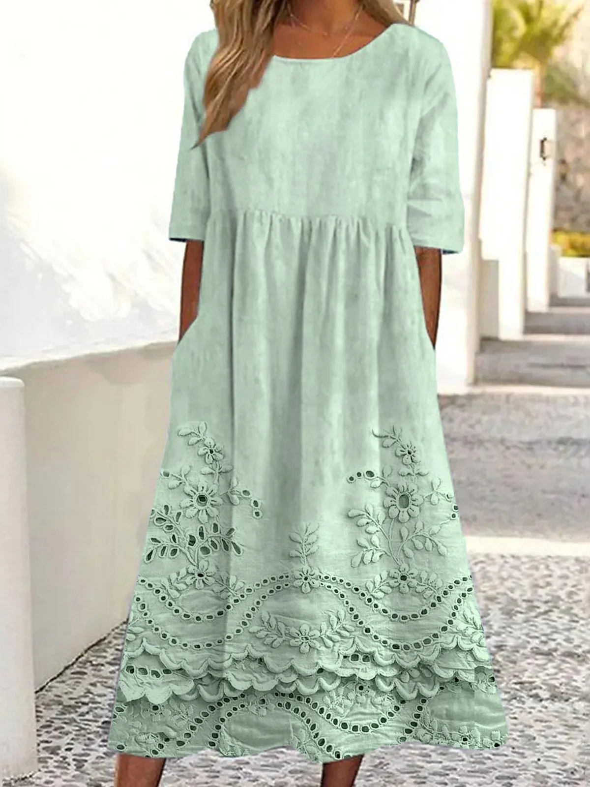 Simple Crew Neck 3D Printing Dress With No
