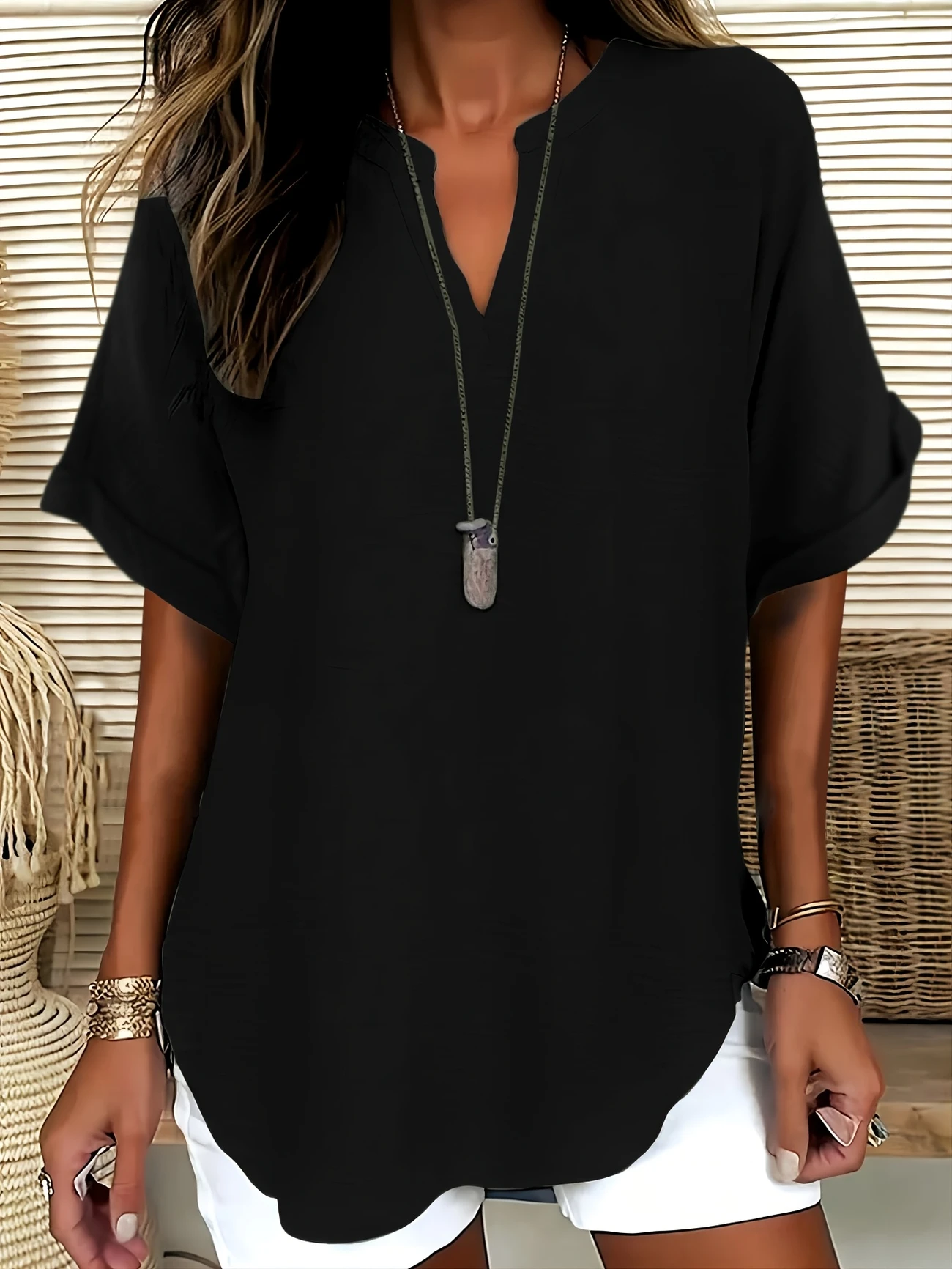 Women's V-Neck Short Sleeve Casual Shirt