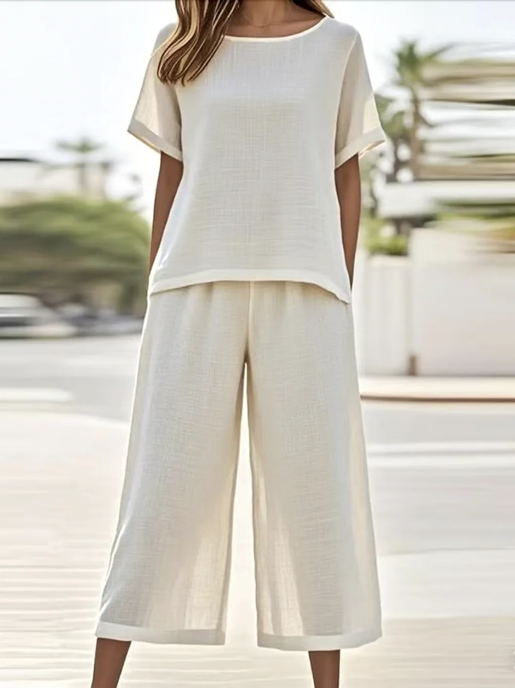 Casual Linen Crew Neck Two-Piece Set