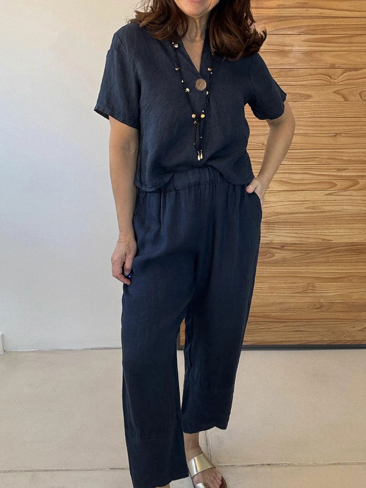 Casual Plain V Neck Two-Piece Set