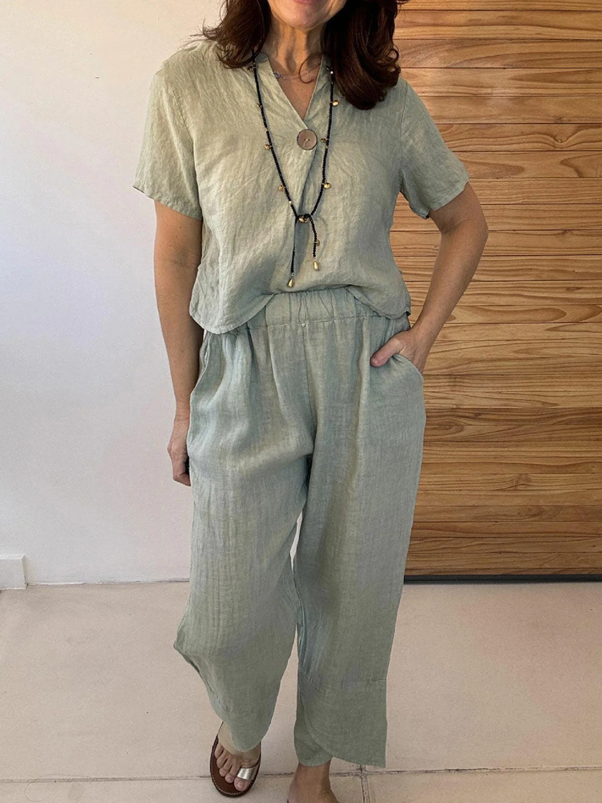Casual Plain V Neck Two-Piece Set