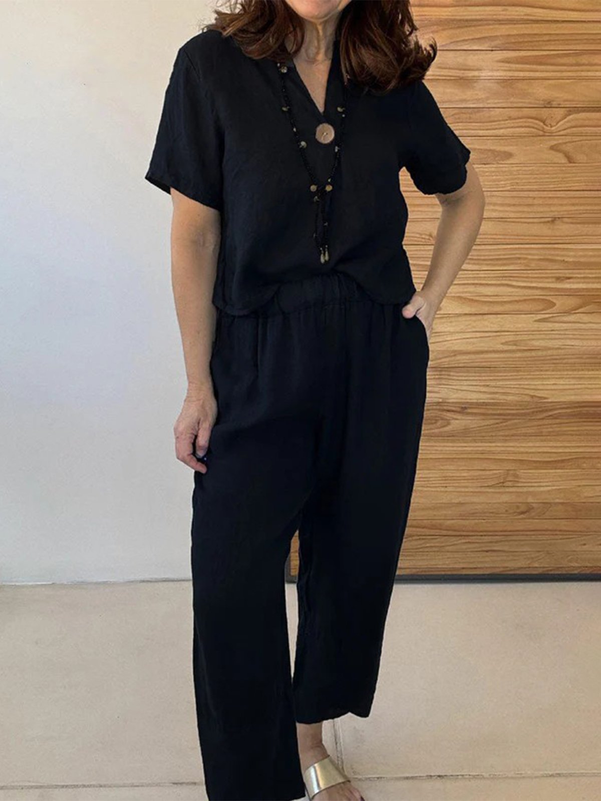 Casual Plain V Neck Two-Piece Set