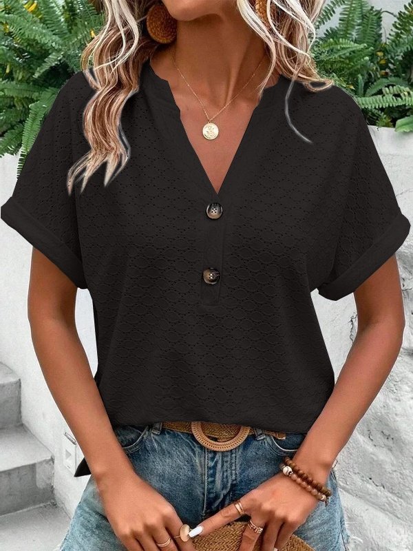 Women Plain V Neck Casual Short Sleeve T-shirt