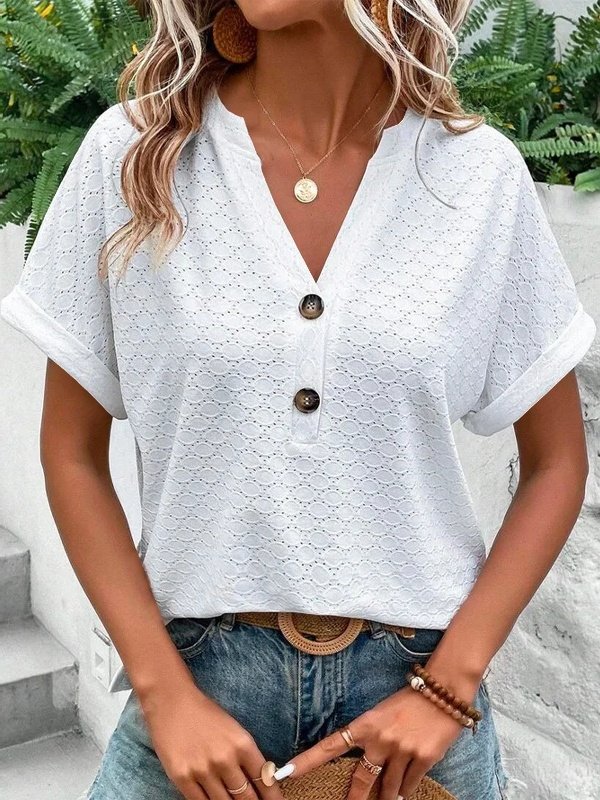 Women Plain V Neck Casual Short Sleeve T-shirt