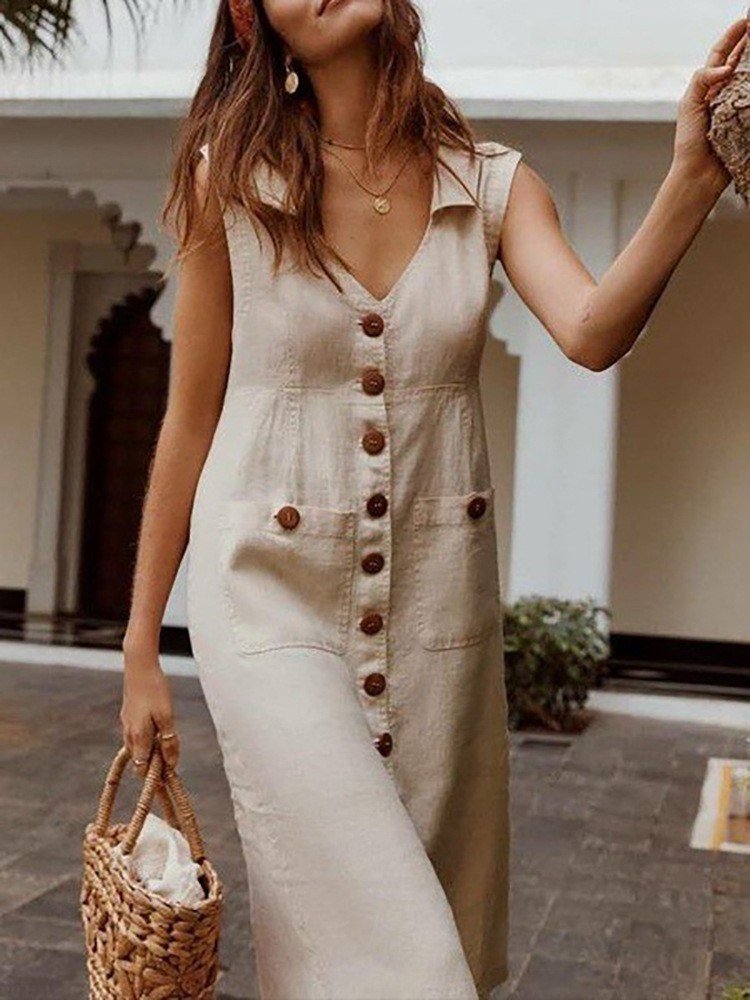 Women's Sleeveless Summer Khaki Plain Split Joint Stand Collar Daily Going Out Vintage Maxi A-Line Tank Dress