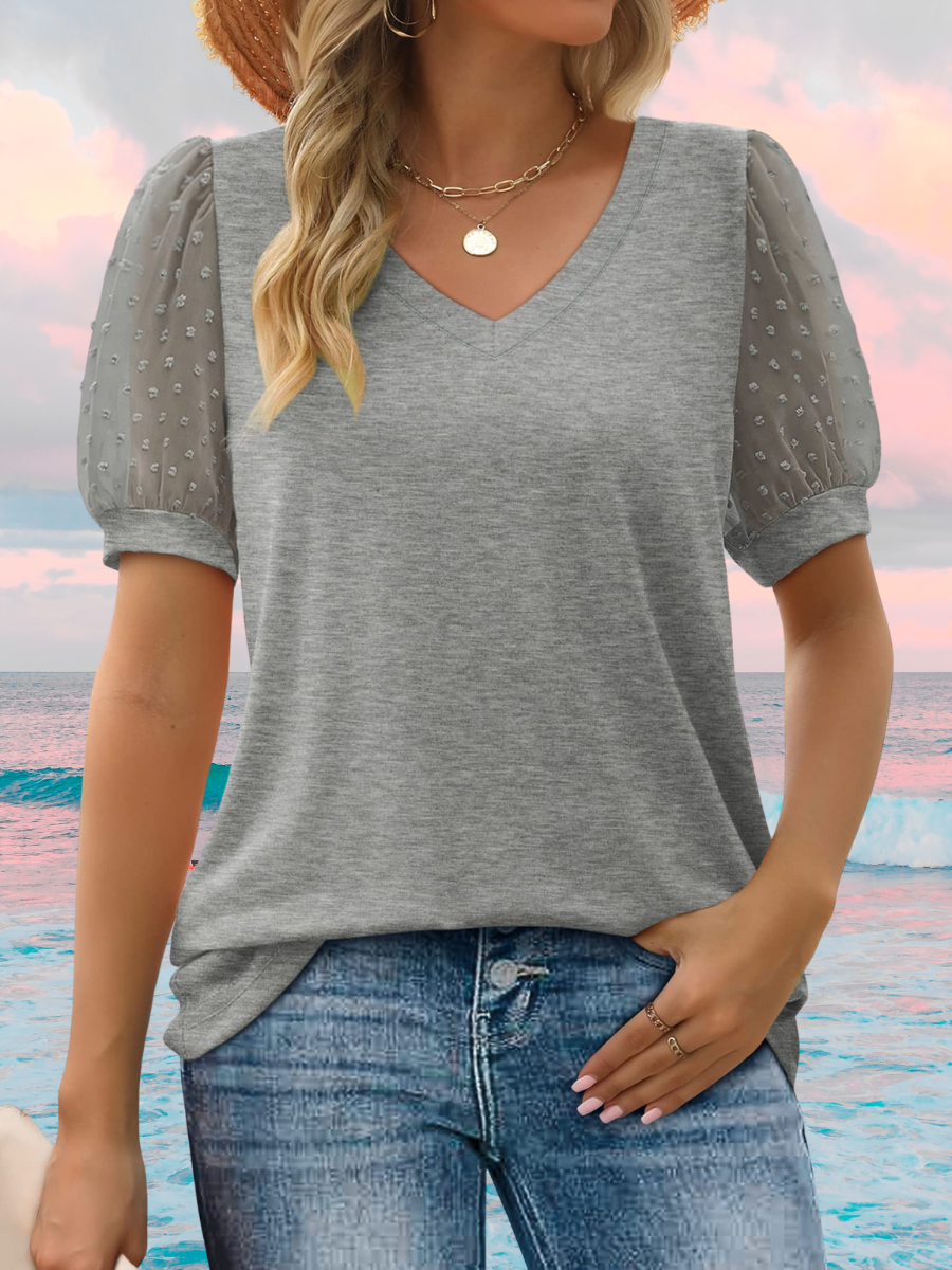 Women Polka Dots V Neck Casual Short Sleeve T-shirt
