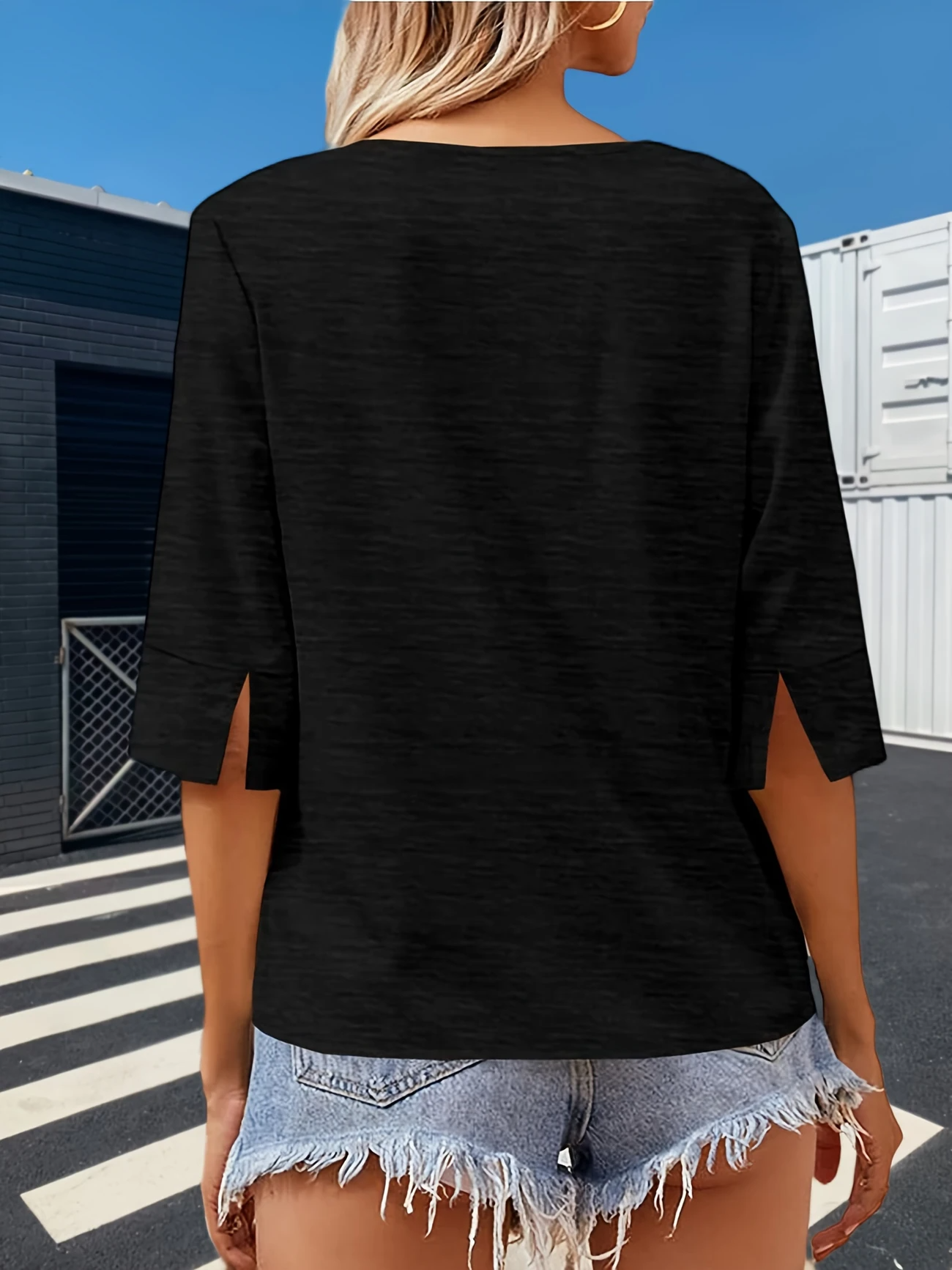 Women Plain V Neck Casual Three Quarter Sleeve T-shirt