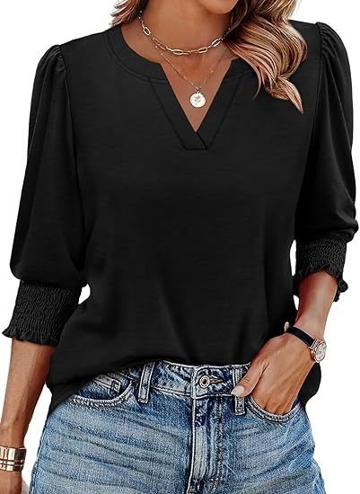 Women Geometric V Neck Casual Three Quarter Sleeve T-shirt