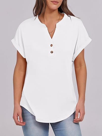 Women Plain V Neck Casual Short Sleeve T-shirt