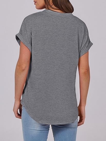 Women Plain V Neck Casual Short Sleeve T-shirt