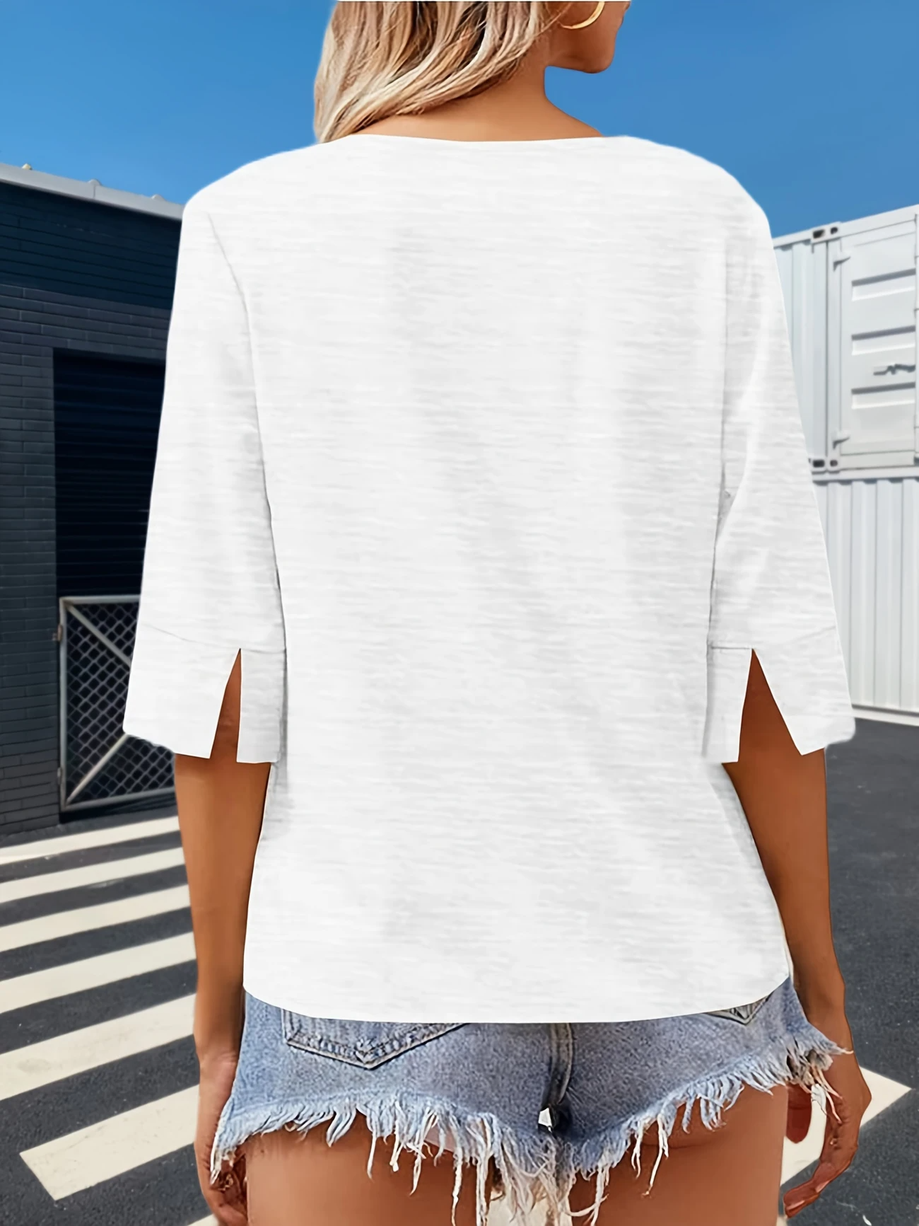 Women Plain V Neck Casual Three Quarter Sleeve T-shirt