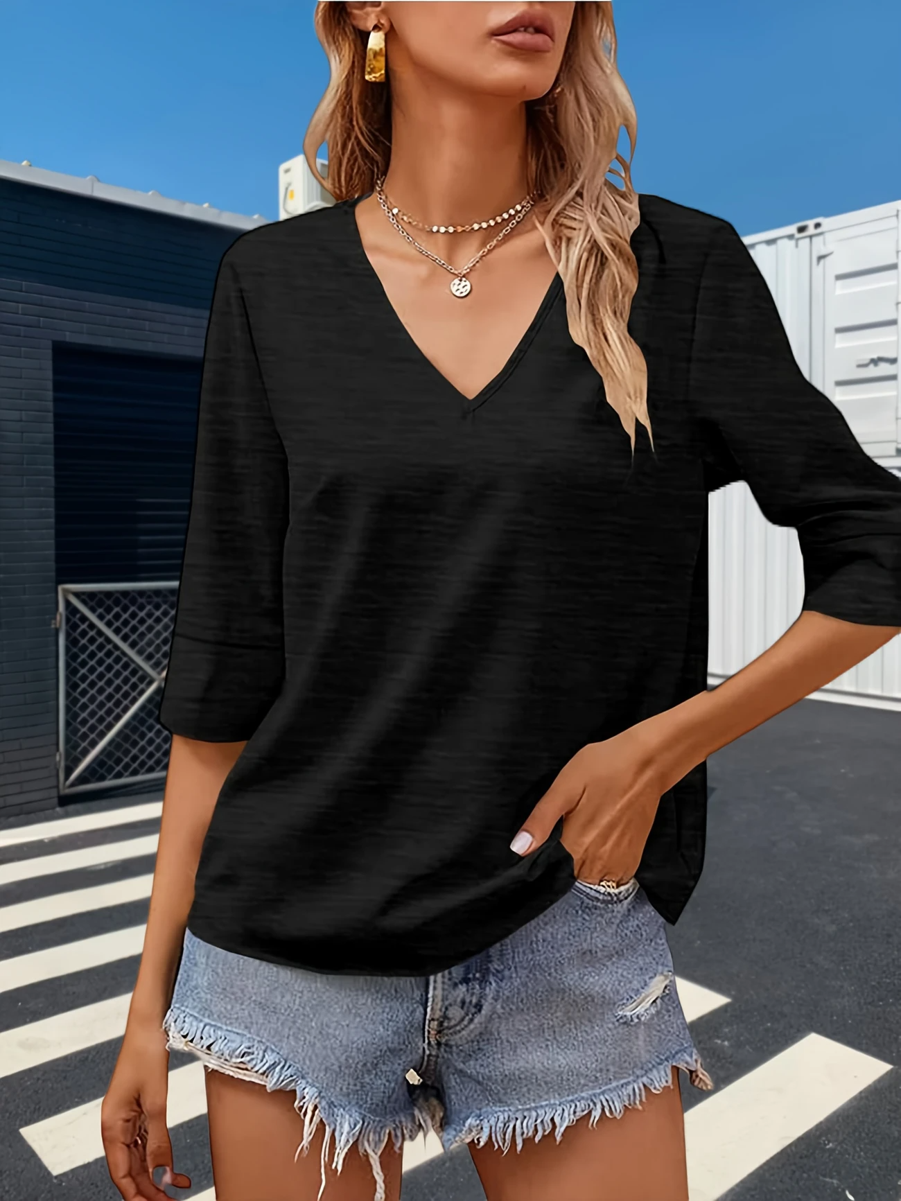 Women Plain V Neck Casual Three Quarter Sleeve T-shirt
