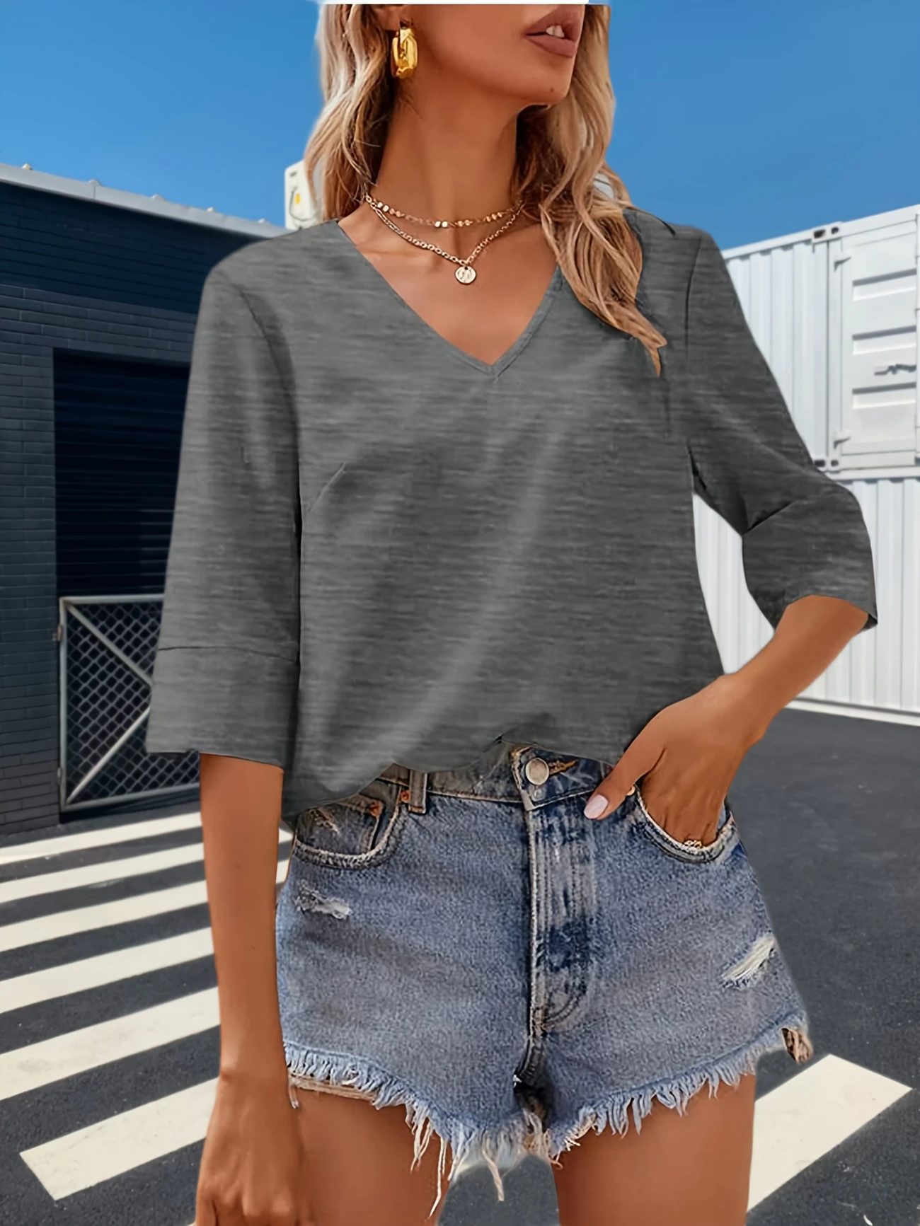 Women Plain V Neck Casual Three Quarter Sleeve T-shirt