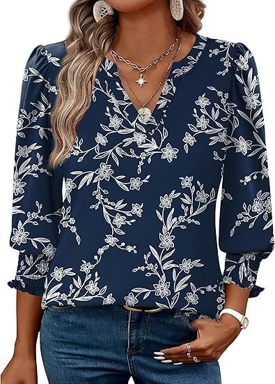 Women Geometric V Neck Casual Three Quarter Sleeve T-shirt