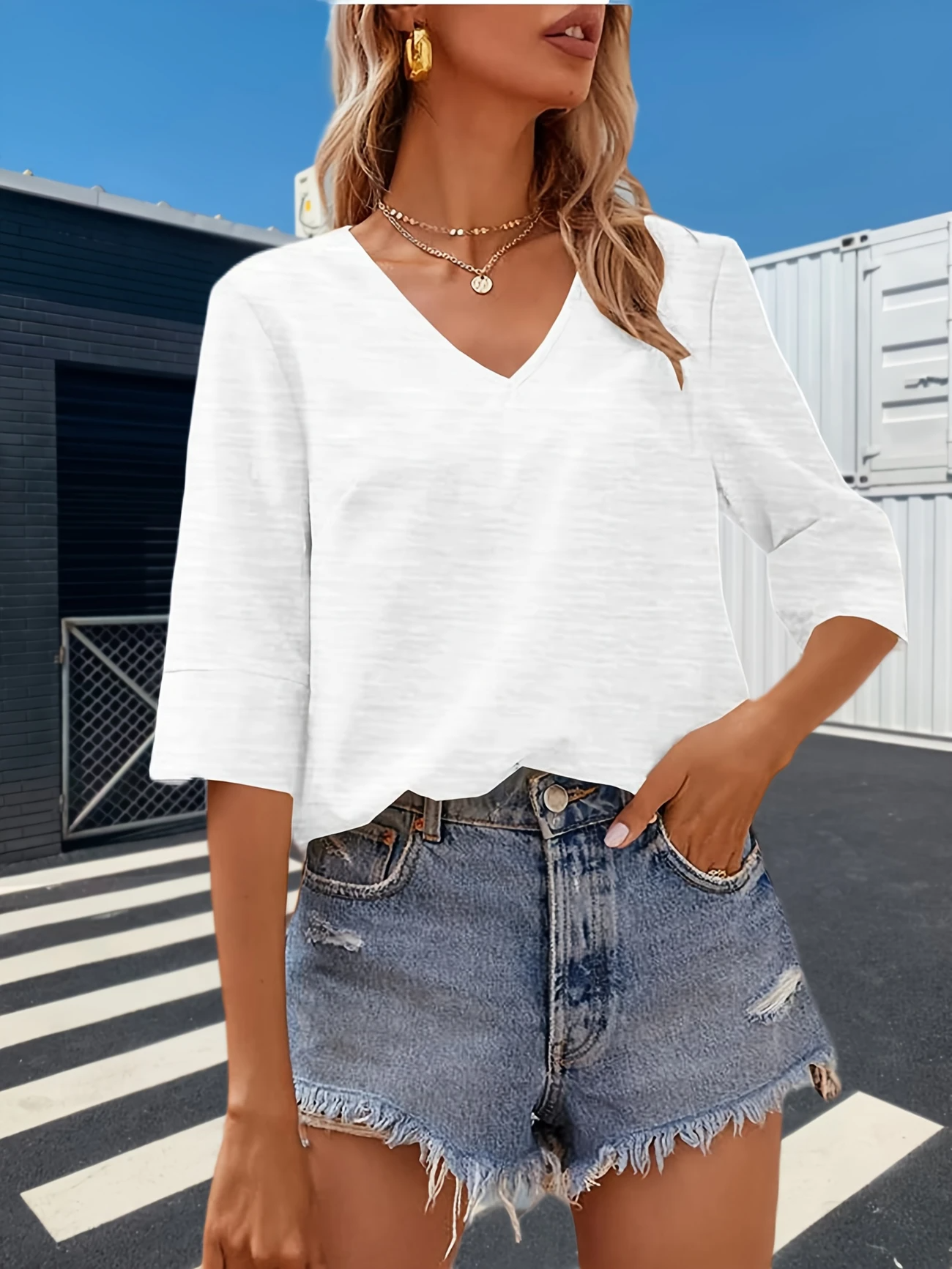 Women Plain V Neck Casual Three Quarter Sleeve T-shirt