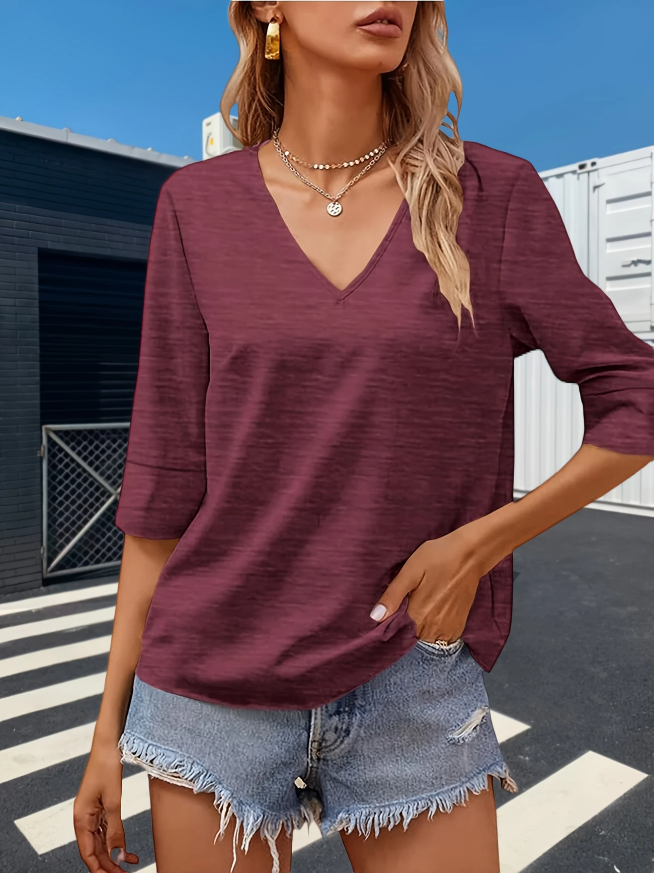 Women Plain V Neck Casual Three Quarter Sleeve T-shirt