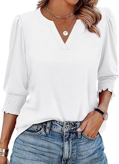 Women Geometric V Neck Casual Three Quarter Sleeve T-shirt