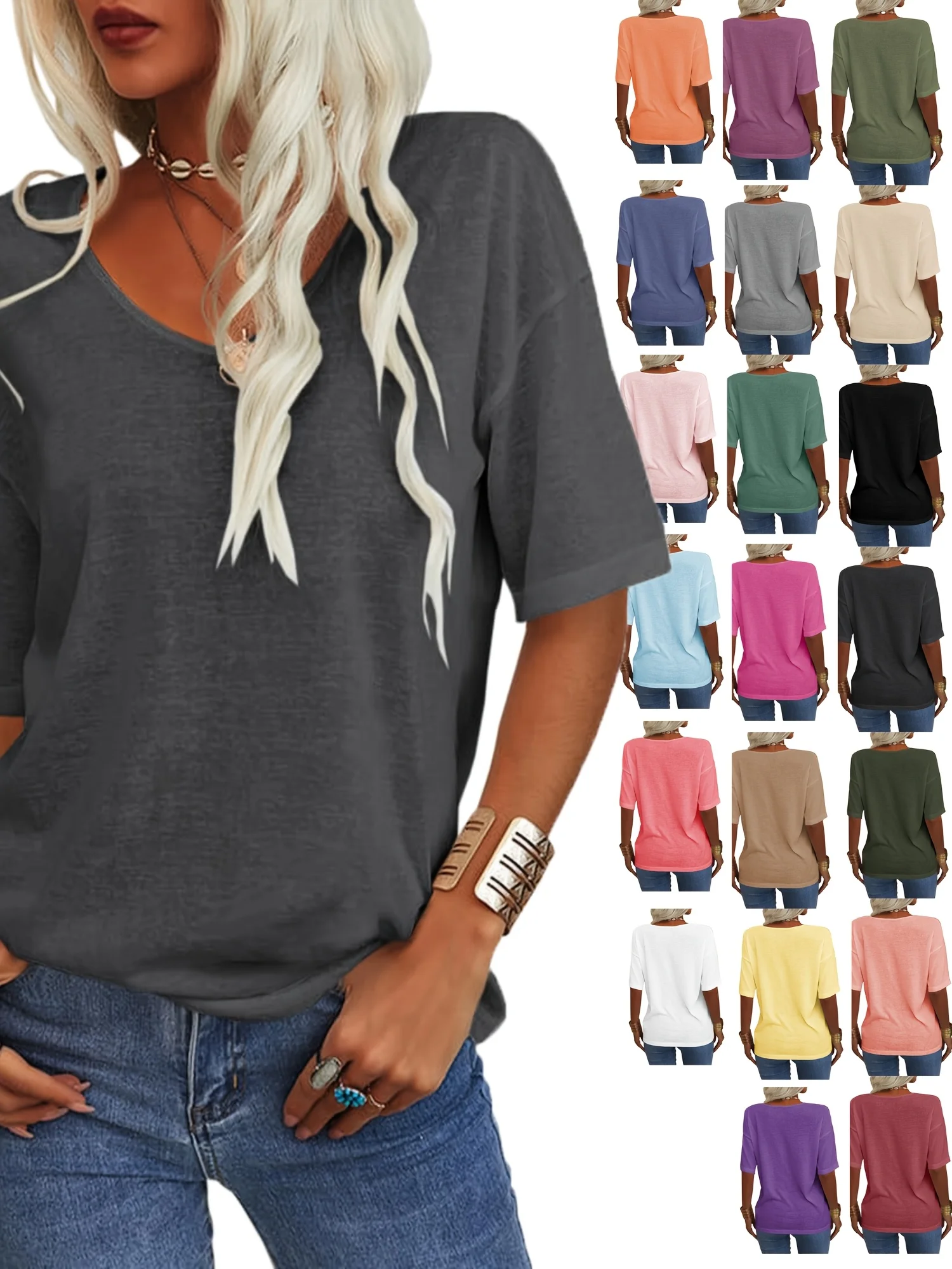 Women Floral V Neck Casual Short Sleeve T-shirt
