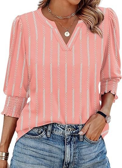 Women Geometric V Neck Casual Three Quarter Sleeve T-shirt