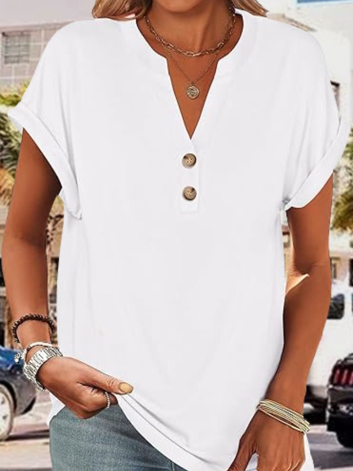 Women Plain V Neck Casual Short Sleeve T-shirt