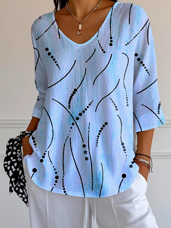 Women Striped V Neck Casual Three Quarter Sleeve T-shirt