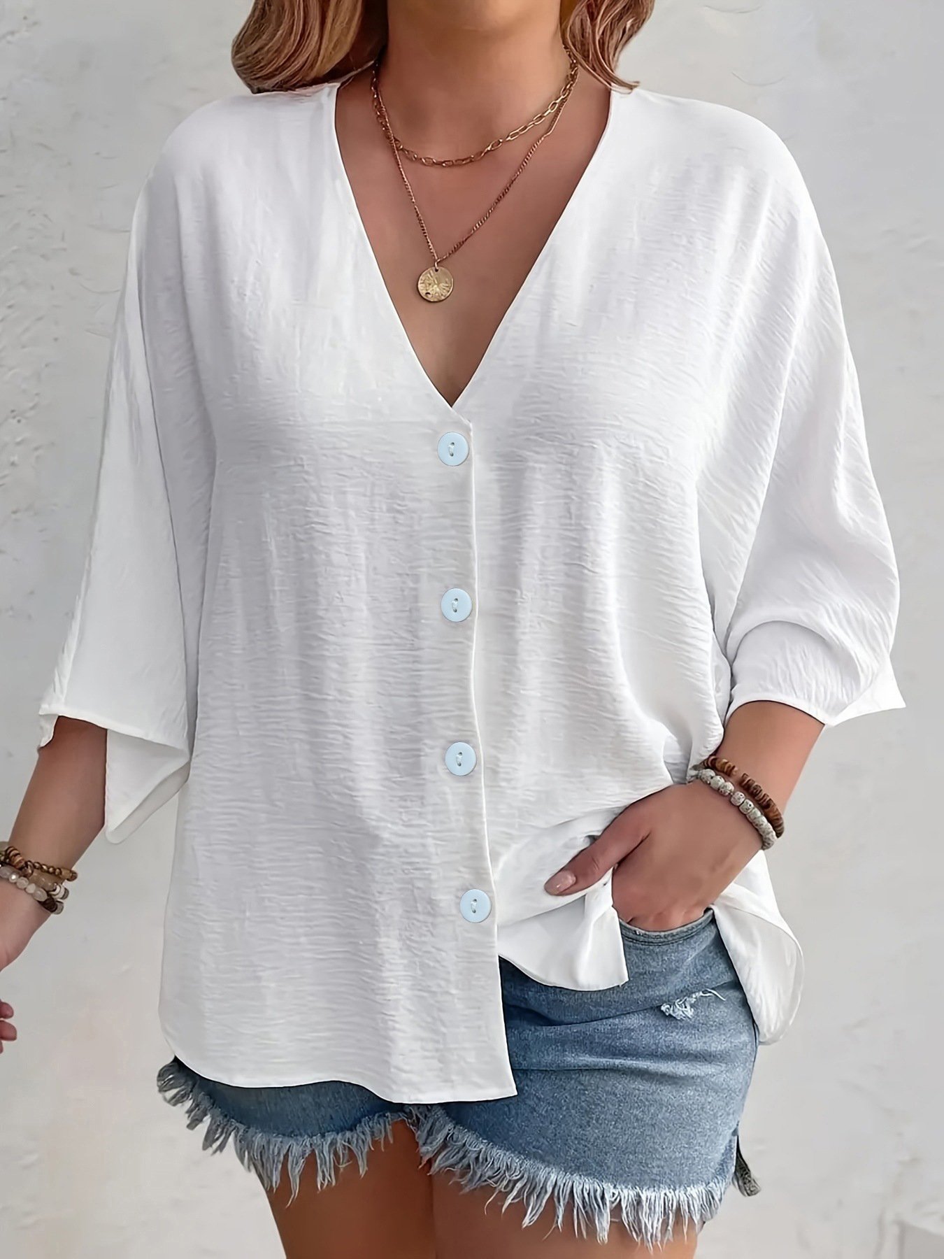 Women's Three Quarter Sleeve Shirt Spring/Fall Apricot Plain Buckle V Neck Daily Going Out Casual Cardigan