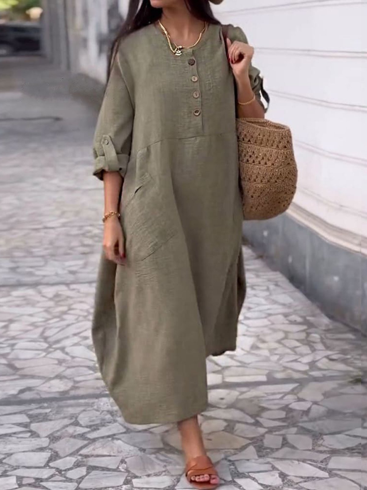 Casual Plain Crew Neck Maxi Dress
