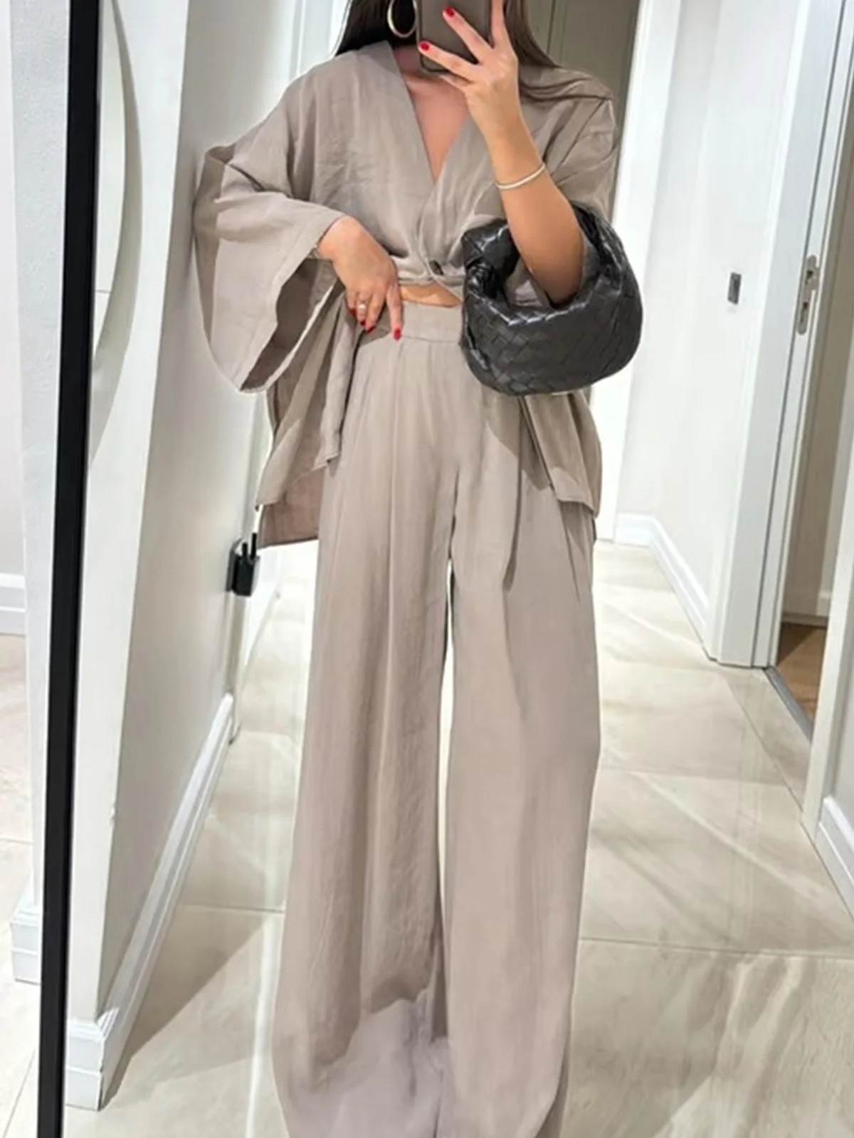 Casual Plain V Neck Two-Piece Set