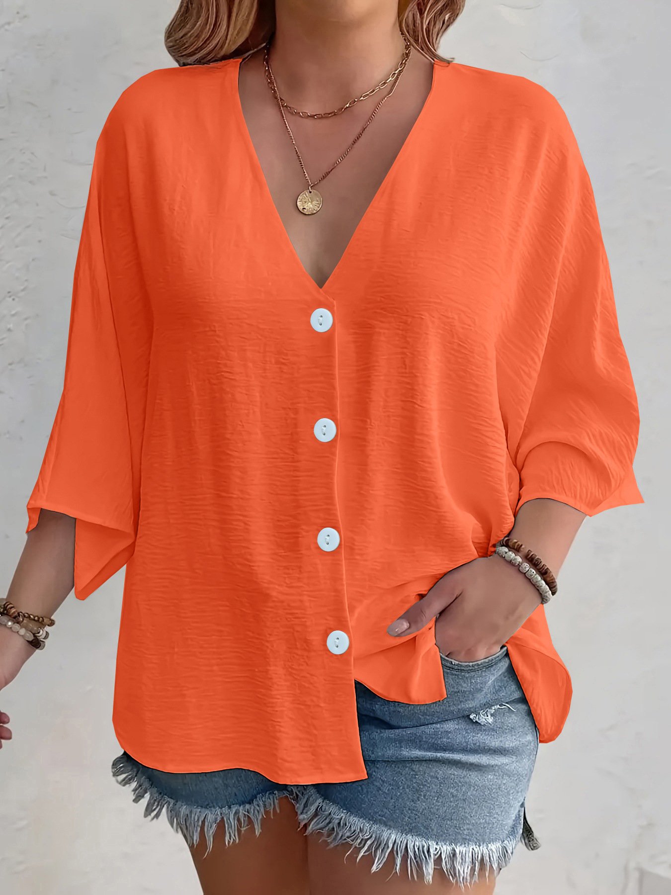 Women's Three Quarter Sleeve Shirt Spring/Fall Apricot Plain Buckle V Neck Daily Going Out Casual Cardigan