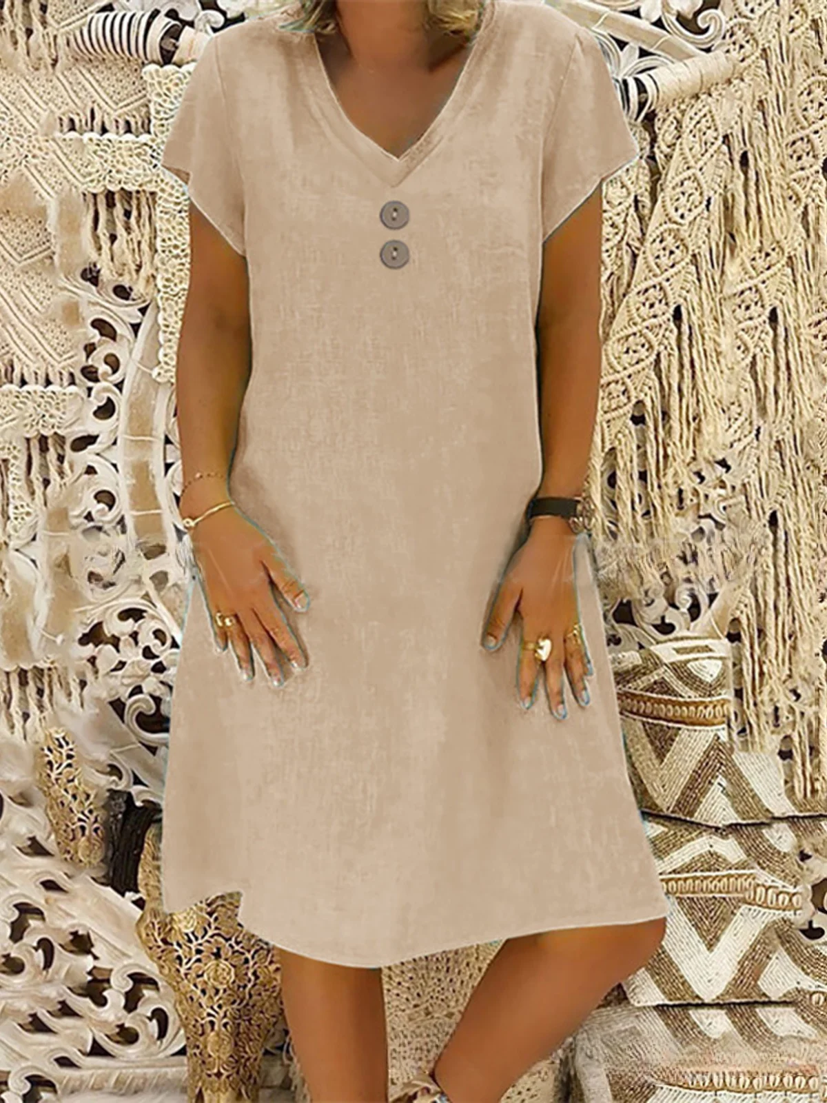 Casual Plain V Neck Midi Dress