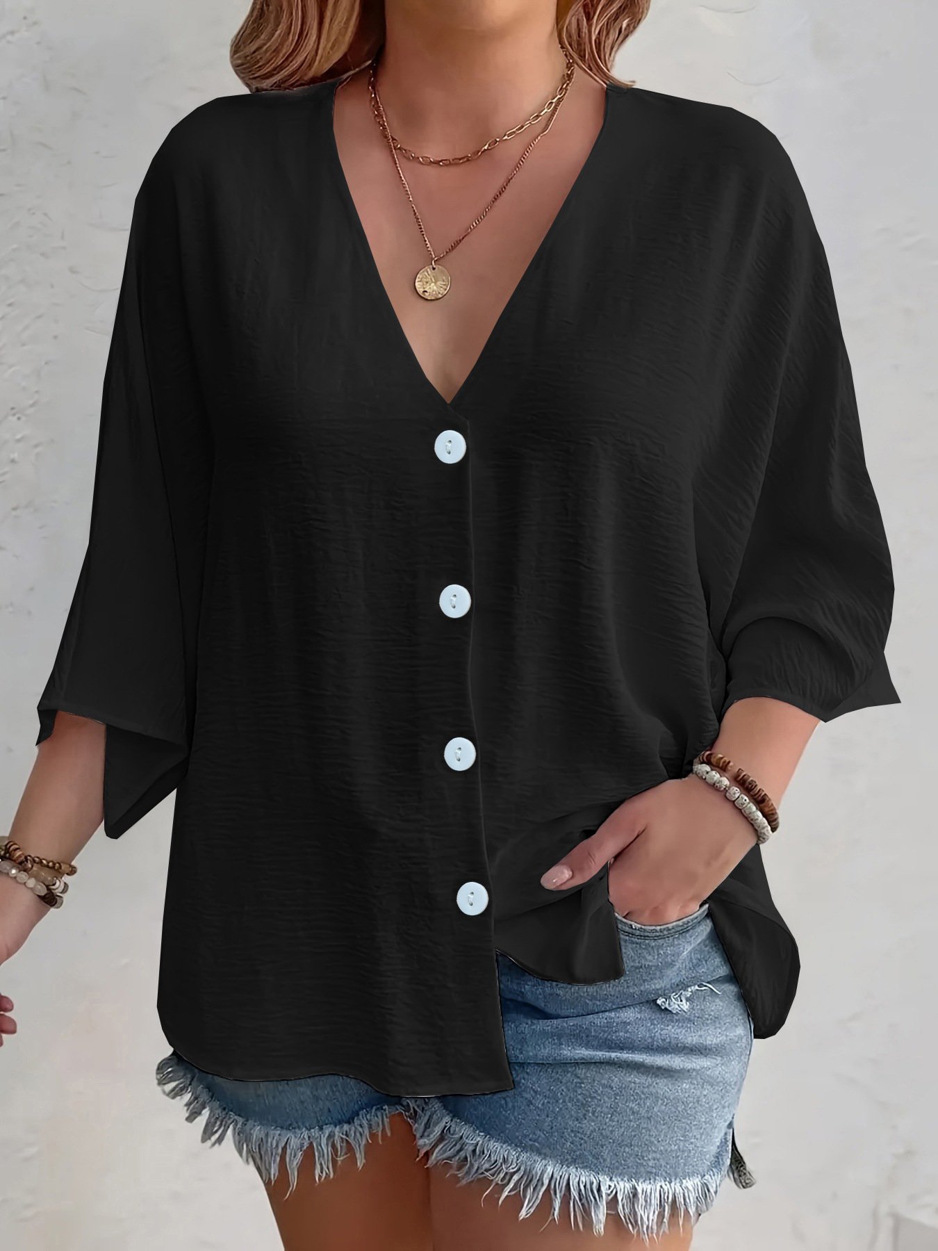 Women's Three Quarter Sleeve Shirt Spring/Fall Apricot Plain Buckle V Neck Daily Going Out Casual Cardigan