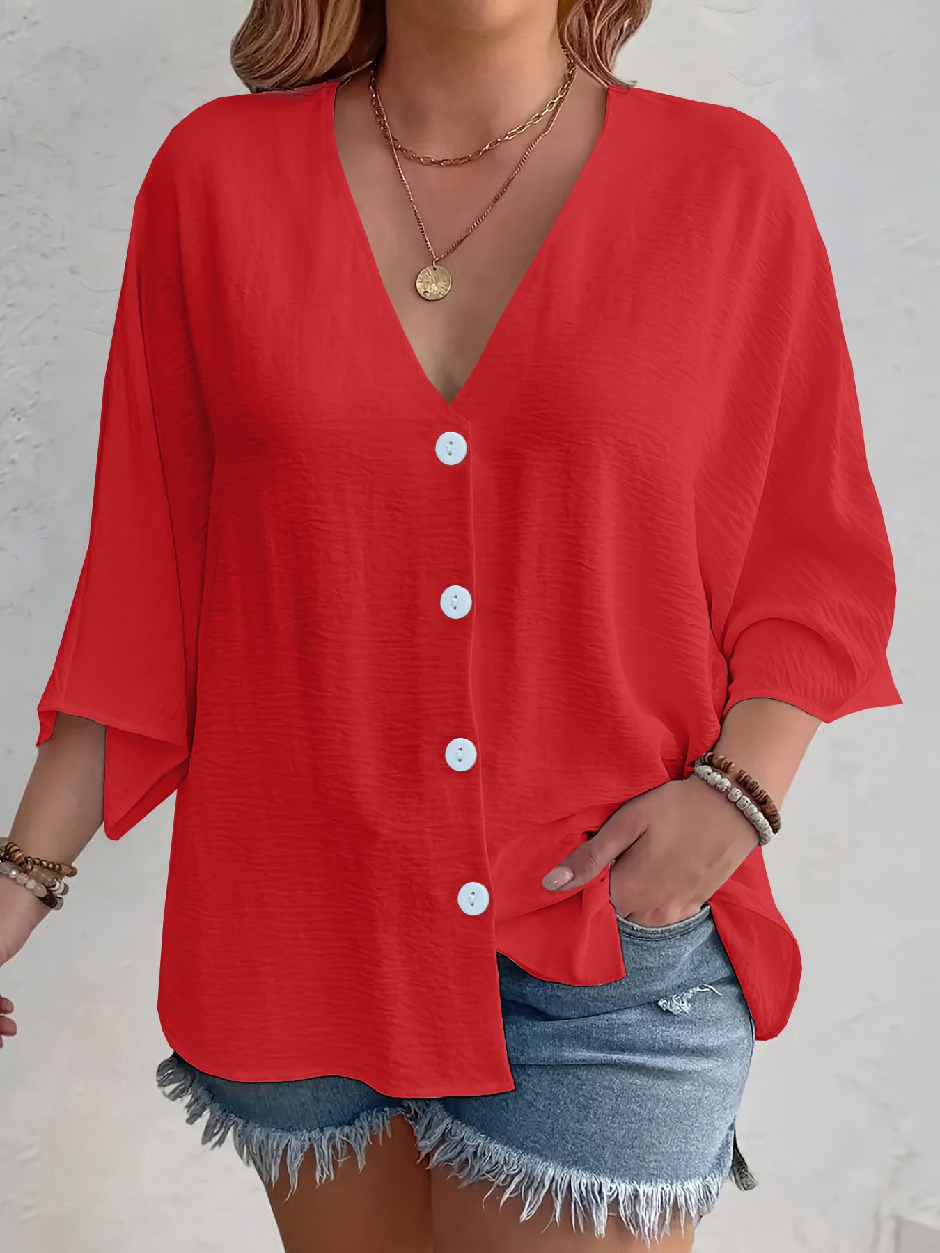 Women's Three Quarter Sleeve Shirt Spring/Fall Apricot Plain Buckle V Neck Daily Going Out Casual Cardigan