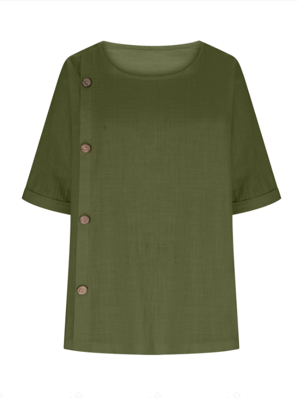 Women's Half Sleeve Blouse Summer Army Green Plain Split Joint Linen Crew Neck Daily Going Out Casual Top