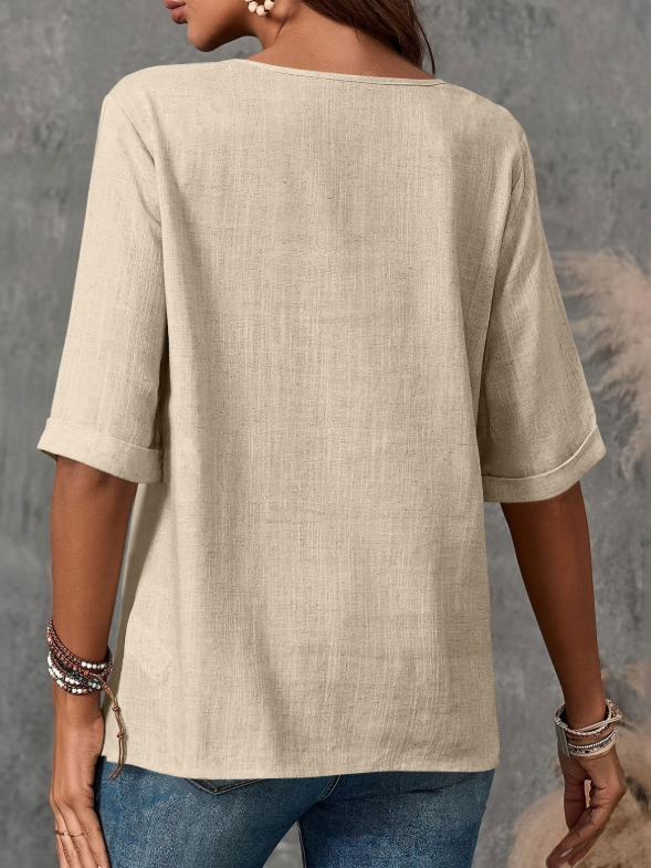 Women's Half Sleeve Blouse Summer Army Green Plain Split Joint Linen Crew Neck Daily Going Out Casual Top