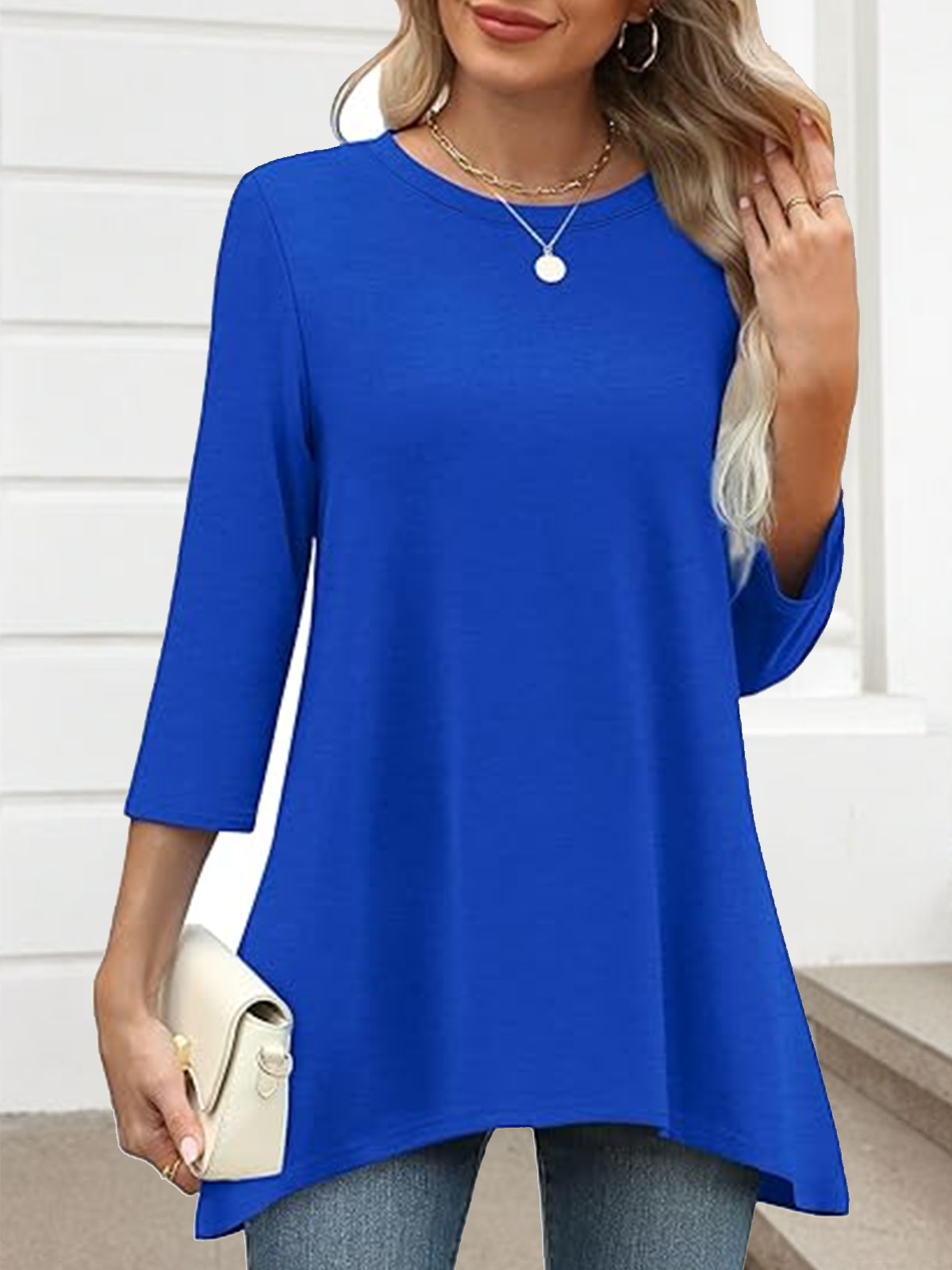 Women Plain Crew Neck Casual Three Quarter Sleeve T-shirt