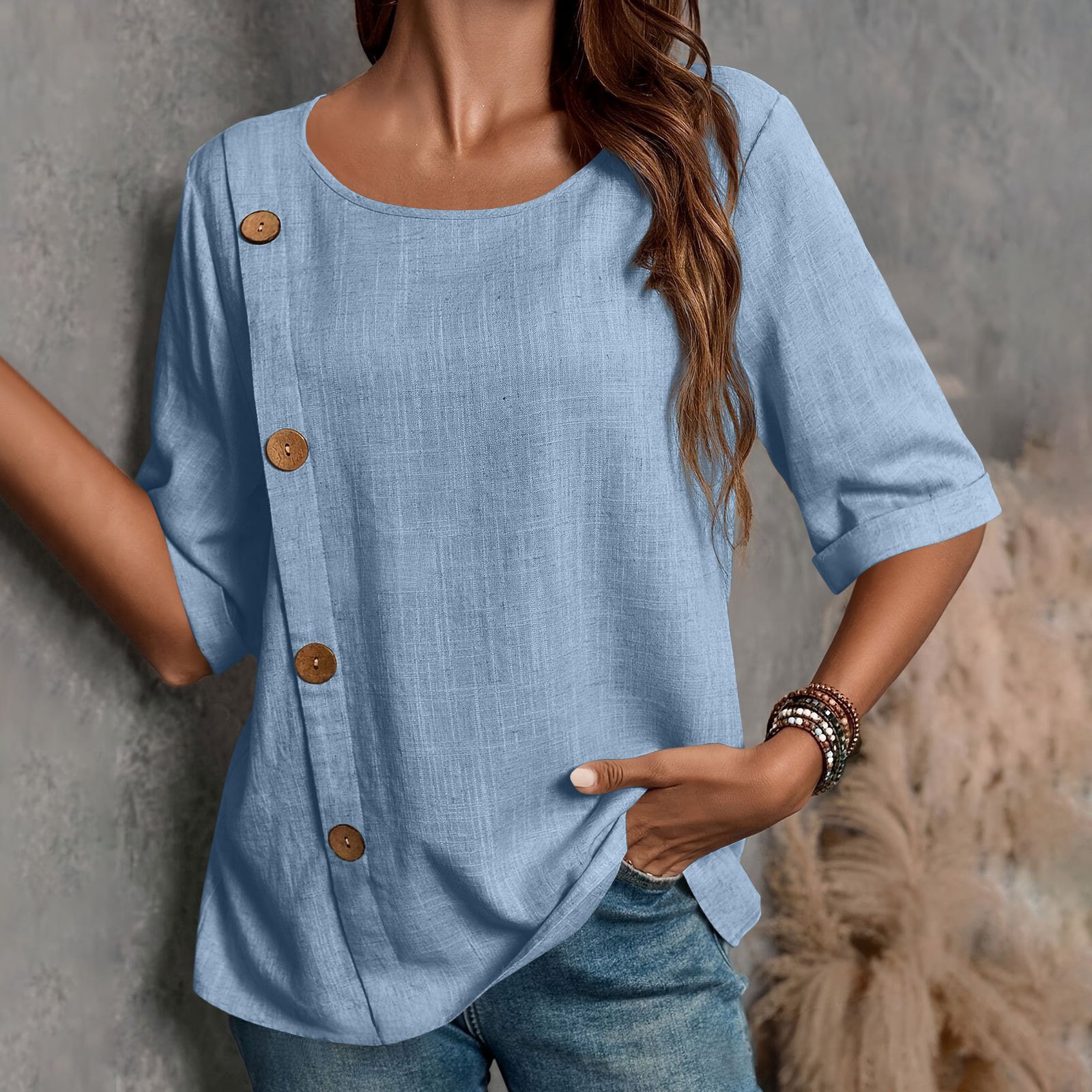Women's Half Sleeve Blouse Summer Army Green Plain Split Joint Linen Crew Neck Daily Going Out Casual Top
