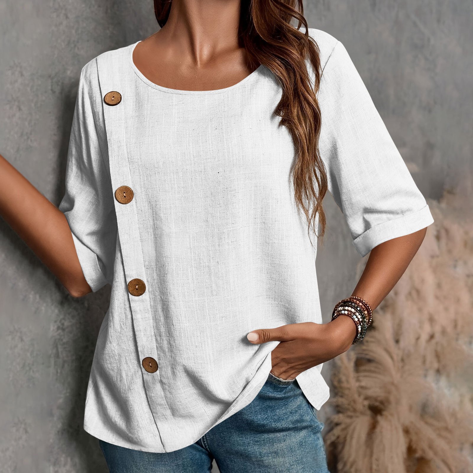 Women's Half Sleeve Blouse Summer Army Green Plain Split Joint Linen Crew Neck Daily Going Out Casual Top