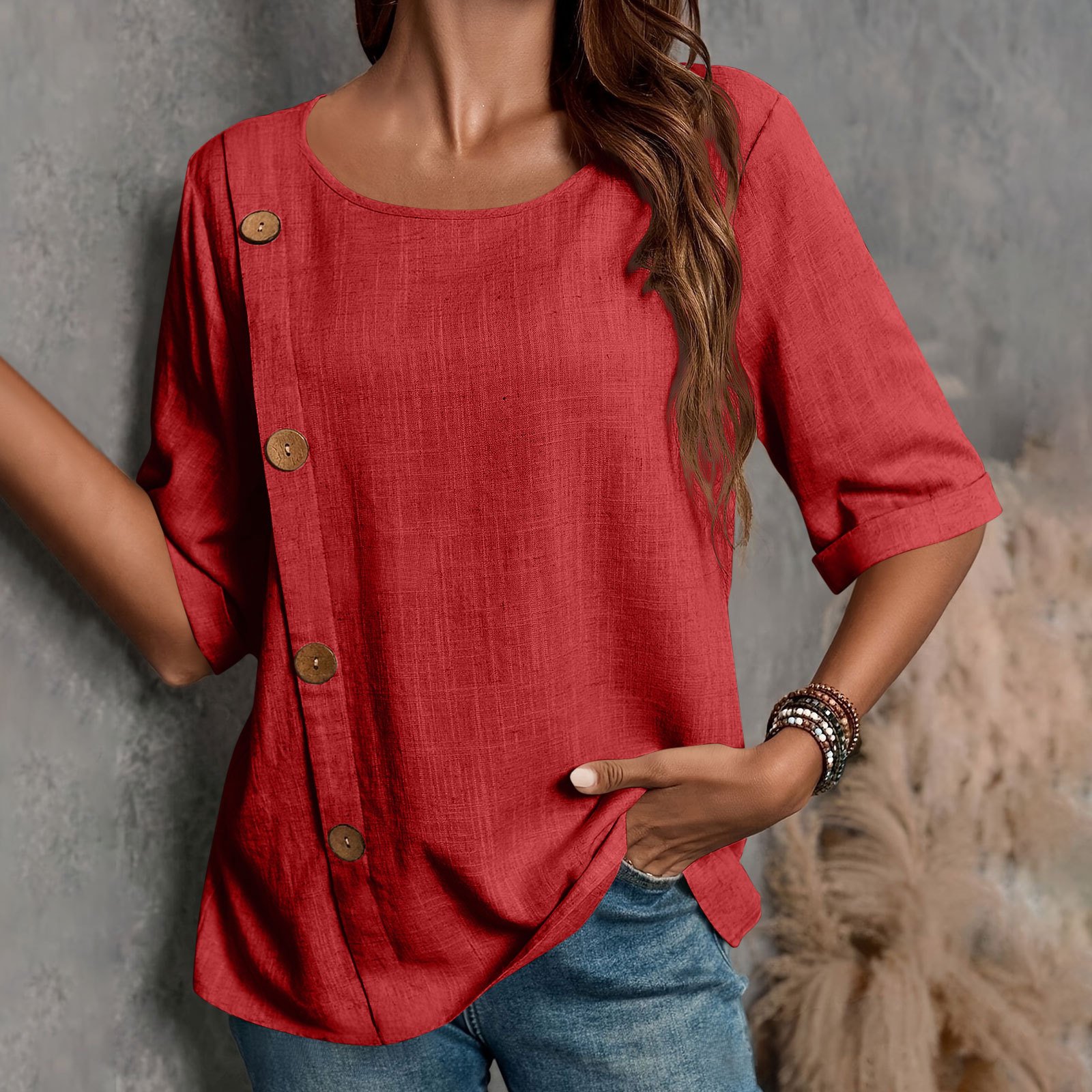 Women's Half Sleeve Blouse Summer Army Green Plain Split Joint Linen Crew Neck Daily Going Out Casual Top