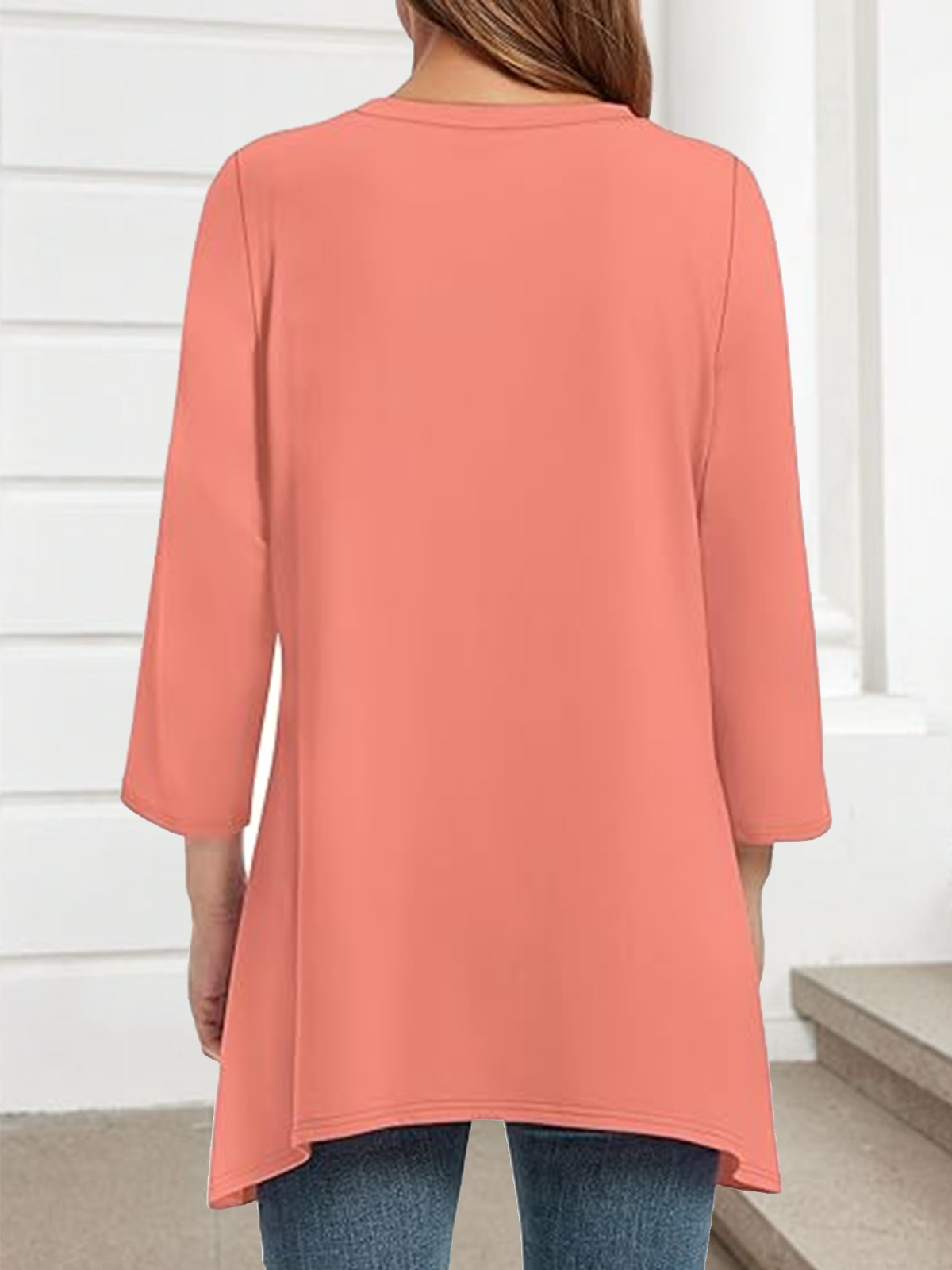 Women Plain Crew Neck Casual Three Quarter Sleeve T-shirt