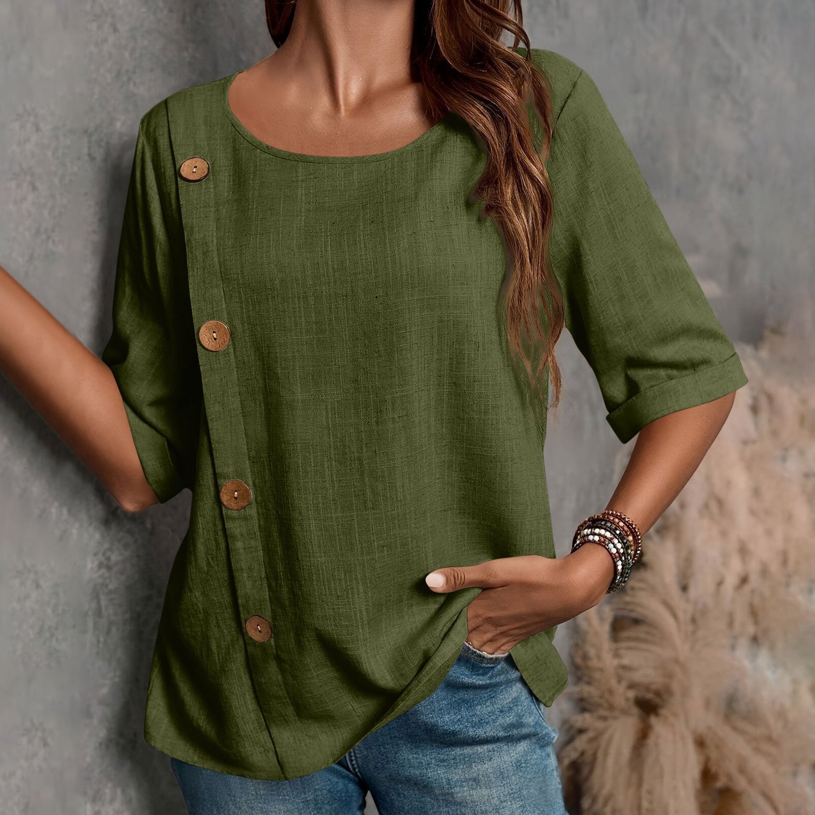 Women's Half Sleeve Blouse Summer Army Green Plain Split Joint Linen Crew Neck Daily Going Out Casual Top