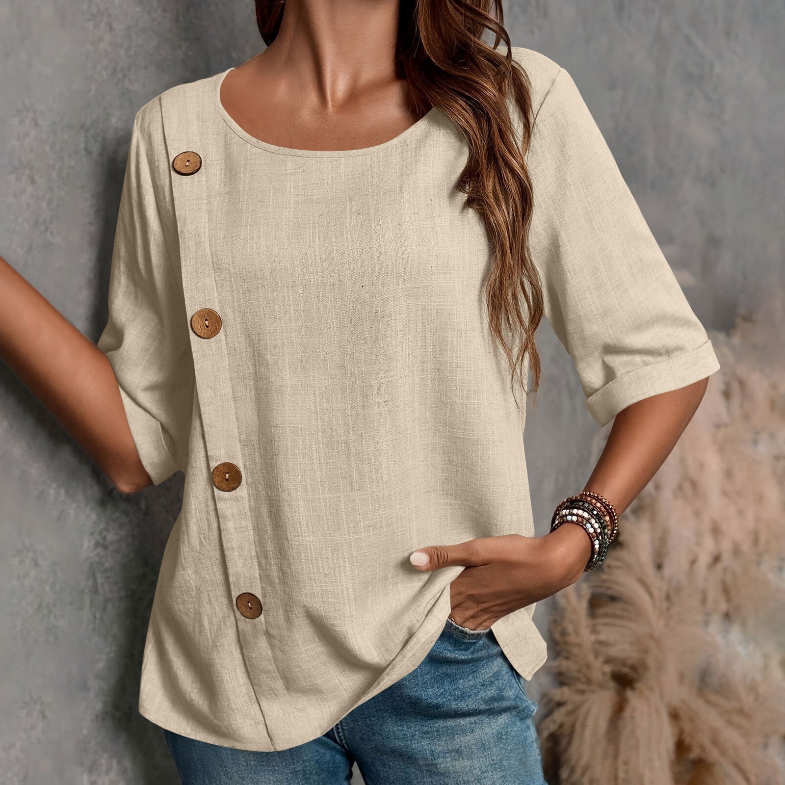 Women's Half Sleeve Blouse Summer Army Green Plain Split Joint Linen Crew Neck Daily Going Out Casual Top