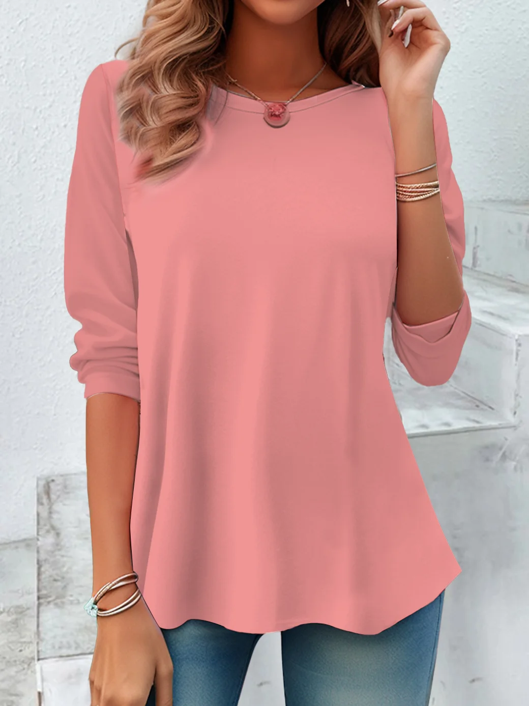 Women Plain Crew Neck Casual Long Sleeve T-shirt