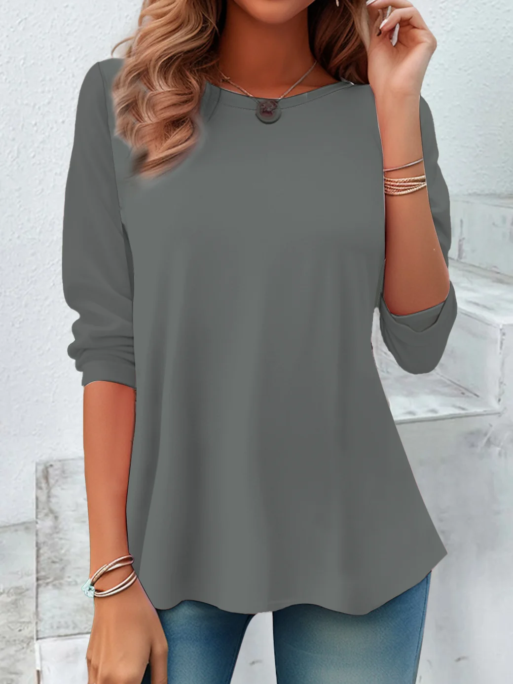 Women Plain Crew Neck Casual Long Sleeve T-shirt