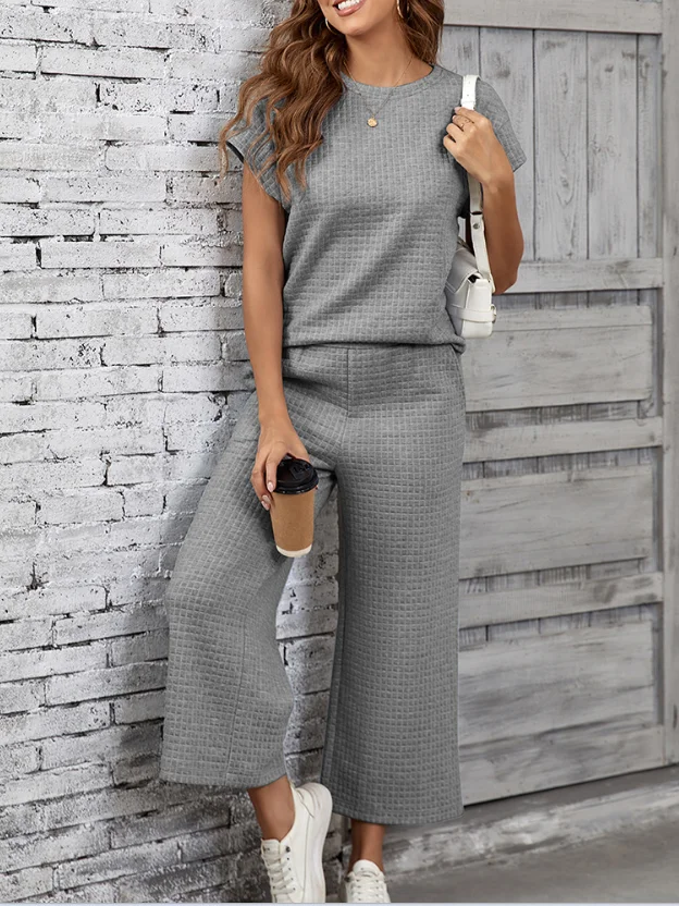 Women's Split Joint Plain Daily Going Out Two-Piece Set Gray Casual Summer Top With Pants Matching Set